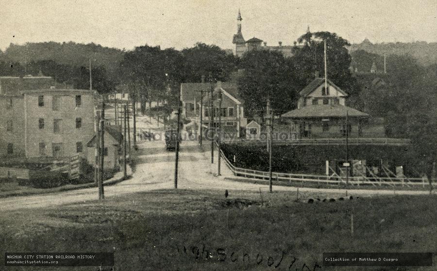 Postcard: Saugus Centre north of Snows Hill, High School lot in foreground